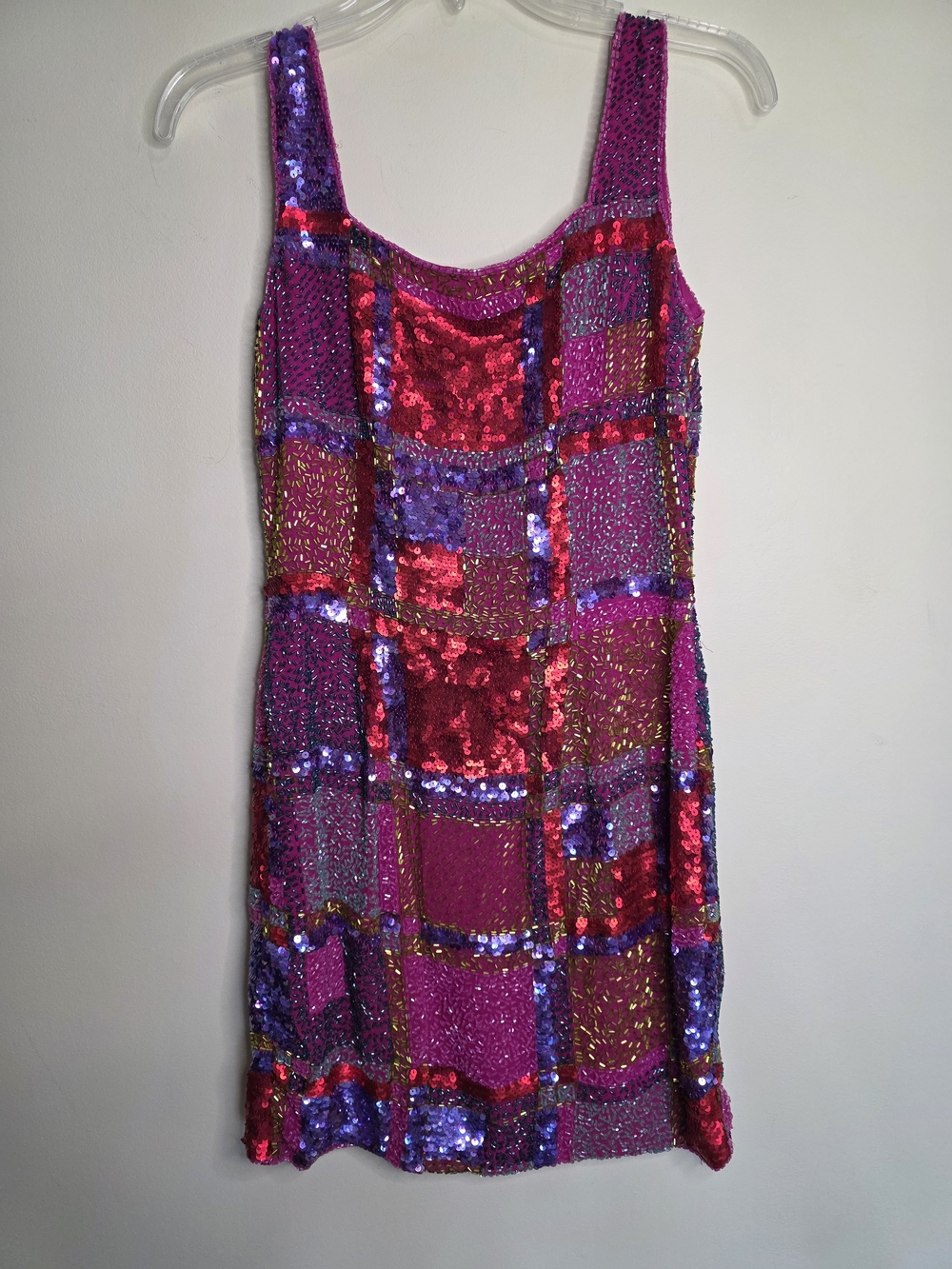 Vintage Joan Leslie Sequin Checkerboard Mini Dress in Fuchsia & Purple